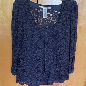 Diane Von Furstenberg Navy Floral Lace Long Sleeve Blouse